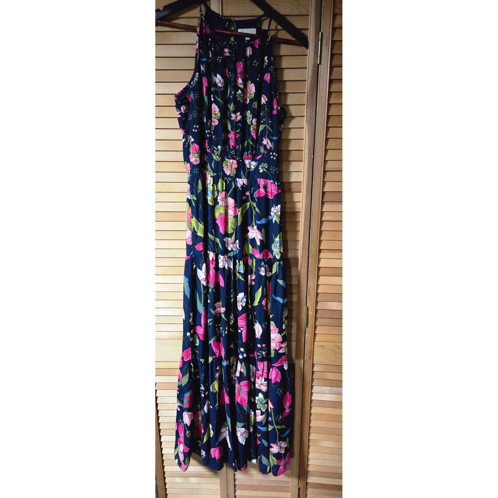 GB Gianni Bini Navy Blue Floral Halter Maxi Dress Tiered Sleeveless Medium